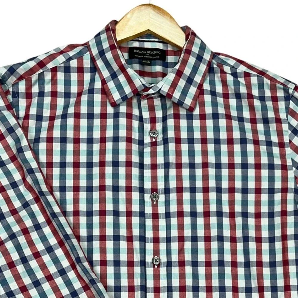 Banana Republic Button‎ Down Shirt Mens Large Red Blue Gingham Slim Herringbone